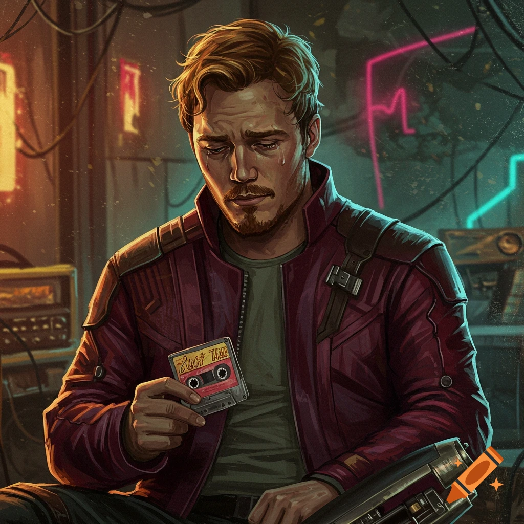 Illustration of Star-Lord looking sad and crying while holding a cassette tape in a sci-fi setting.