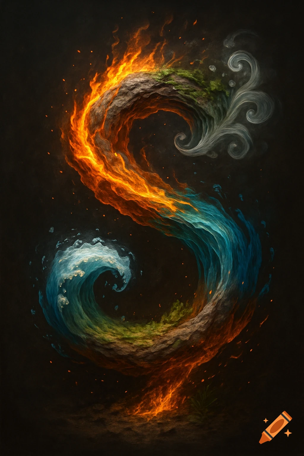 An abstract 'S' formed by swirling fire, rock, water waves, and air currents against a dark background.
