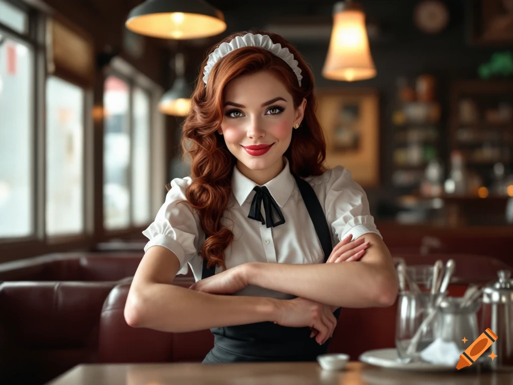 A realistic portrait of a smiling woman with red hair in a waitress uniform in a diner