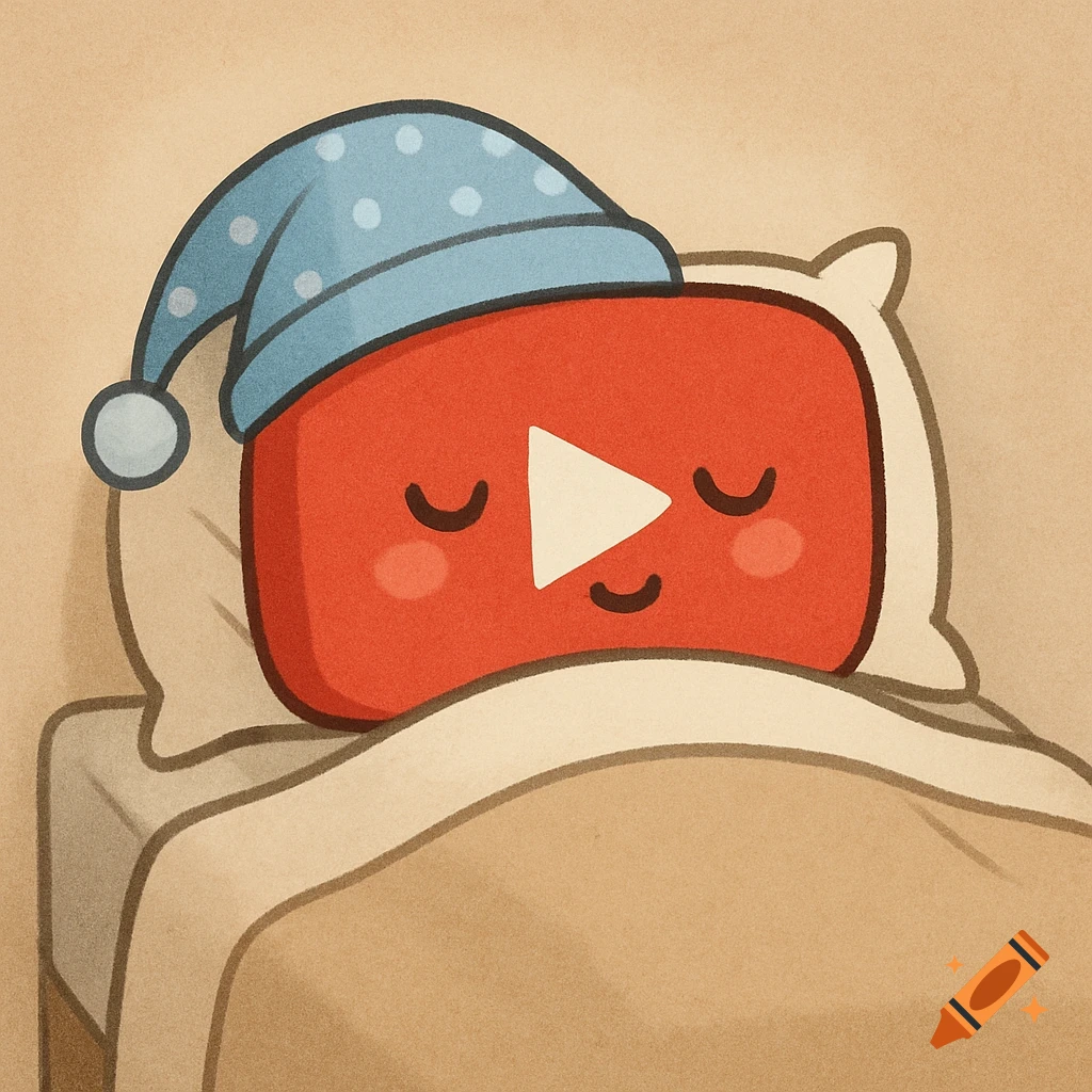 A cartoon YouTube play button character sleeps soundly in a bed, wearing a blue nightcap.