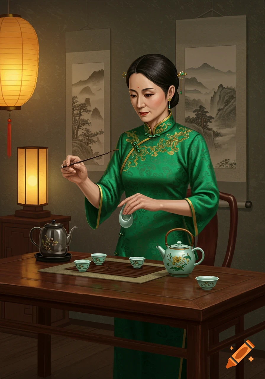 A woman in a green dress performs a traditional Chinese tea ceremony