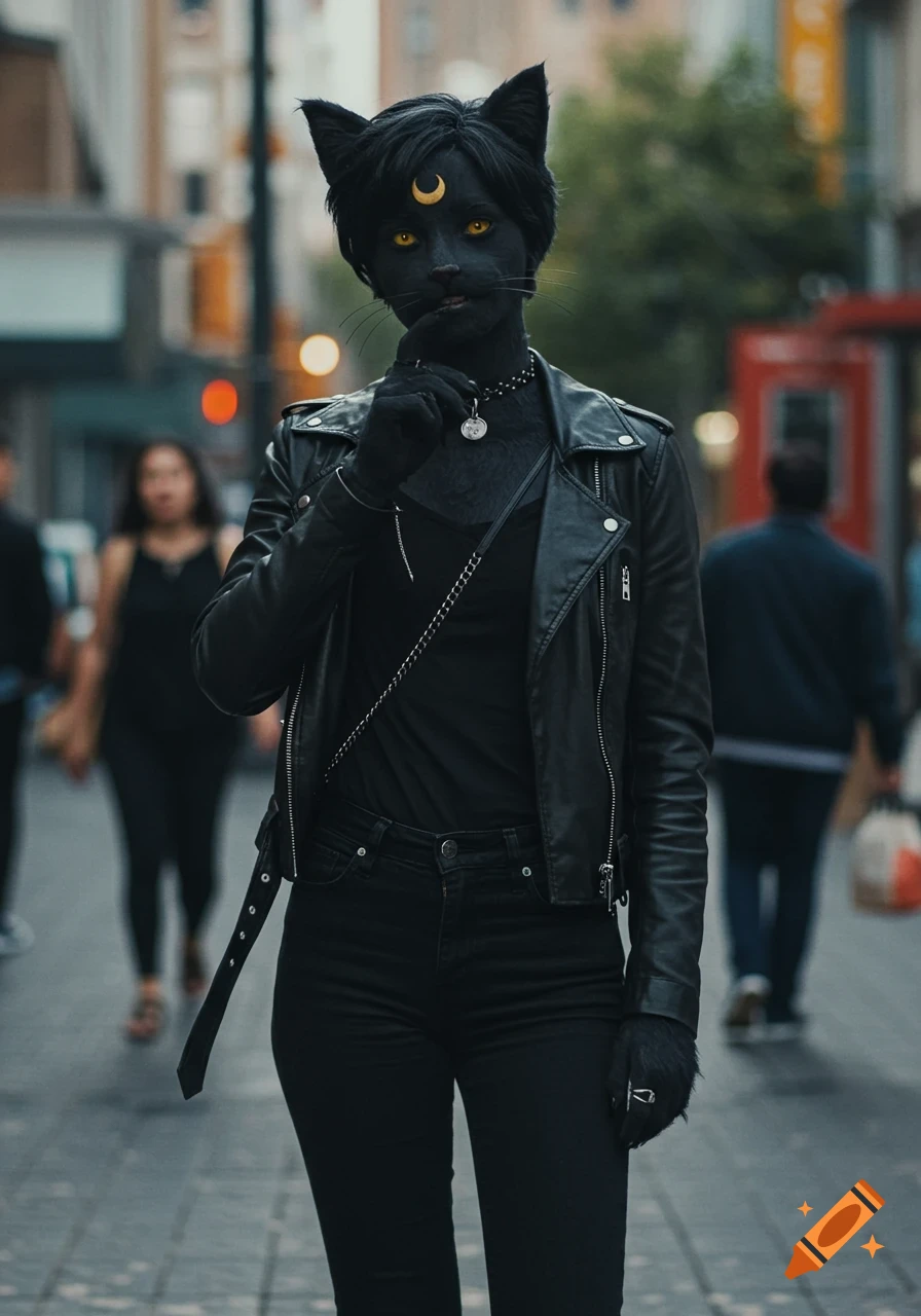 Person in black cat costume (Luna from Sailor Moon) wearing leather jacket on city street, photorealistic style.