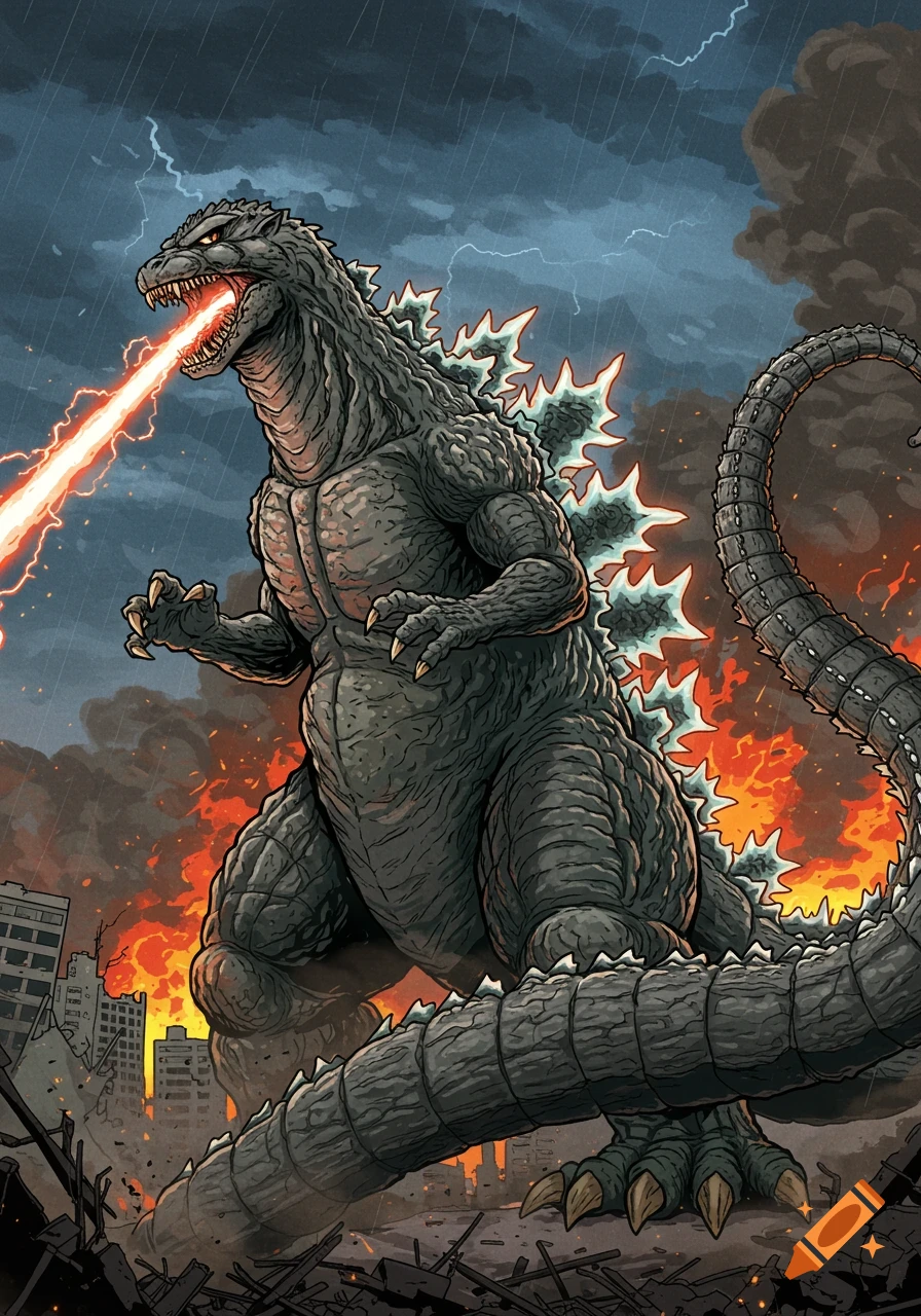 Illustration of Godzilla breathing atomic fire in a destroyed city under a stormy, lightning-filled sky.