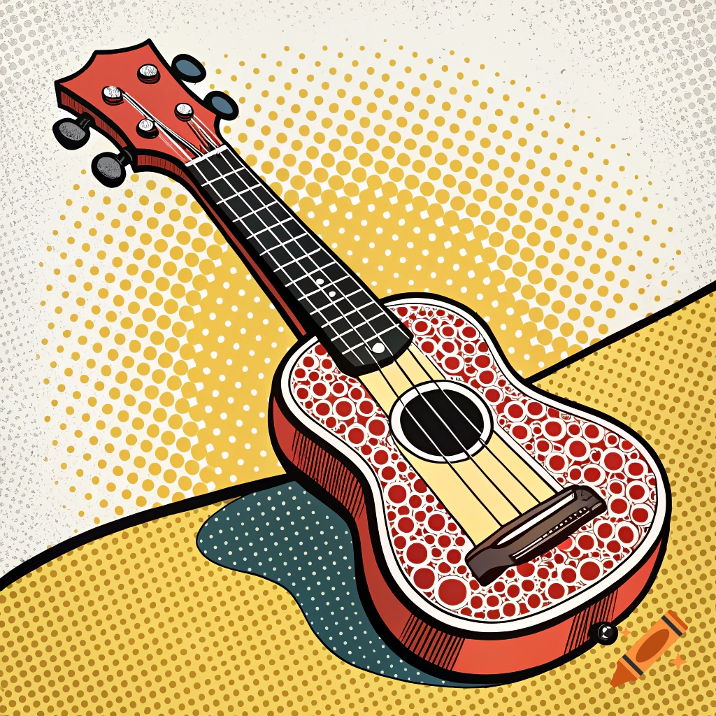 A ukulele in a pop art style with red and yellow Ben-Day dots.