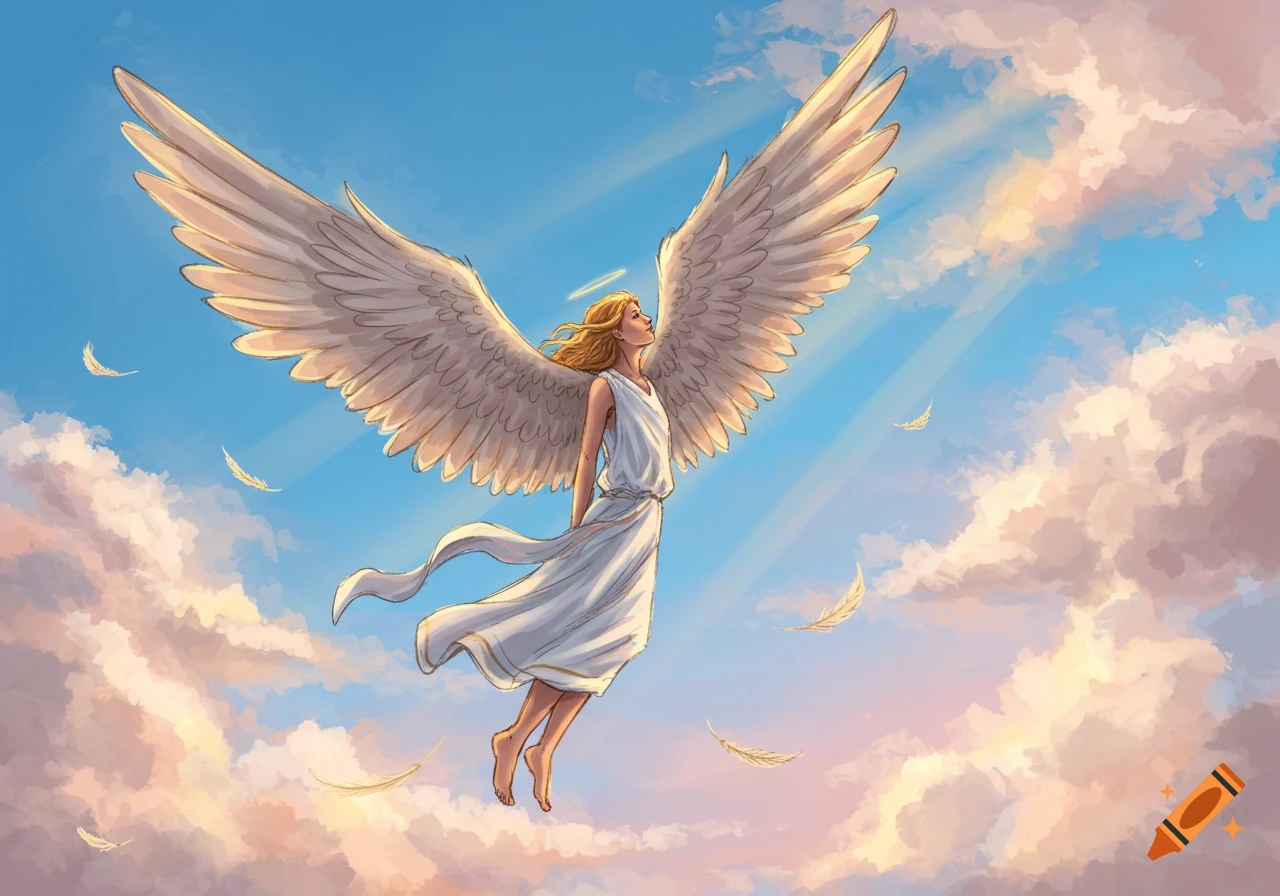 An angel with large feathered wings flies upwards through clouds in a blue sky, with feathers floating around.