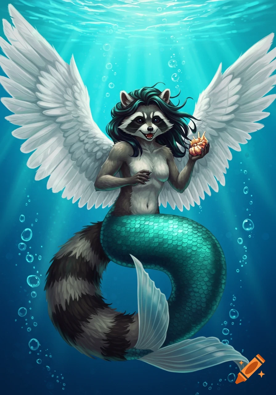 A raccoon mermaid with large white wings holds a seashell underwater.