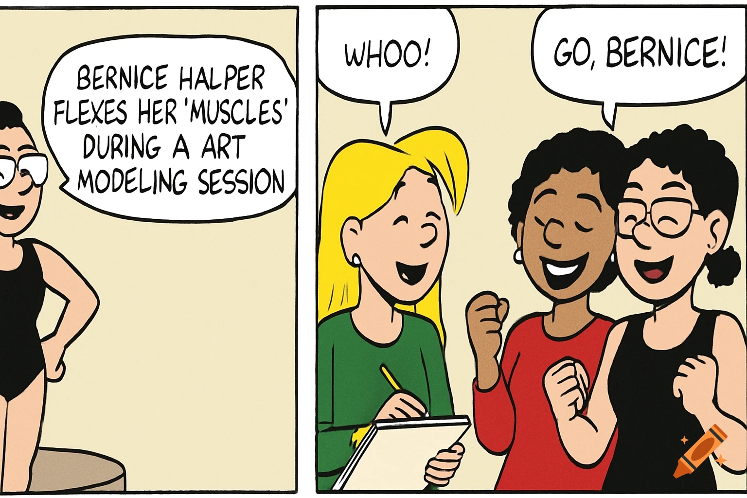 Comic strip panel of a woman flexing in a swimsuit while two others cheer.