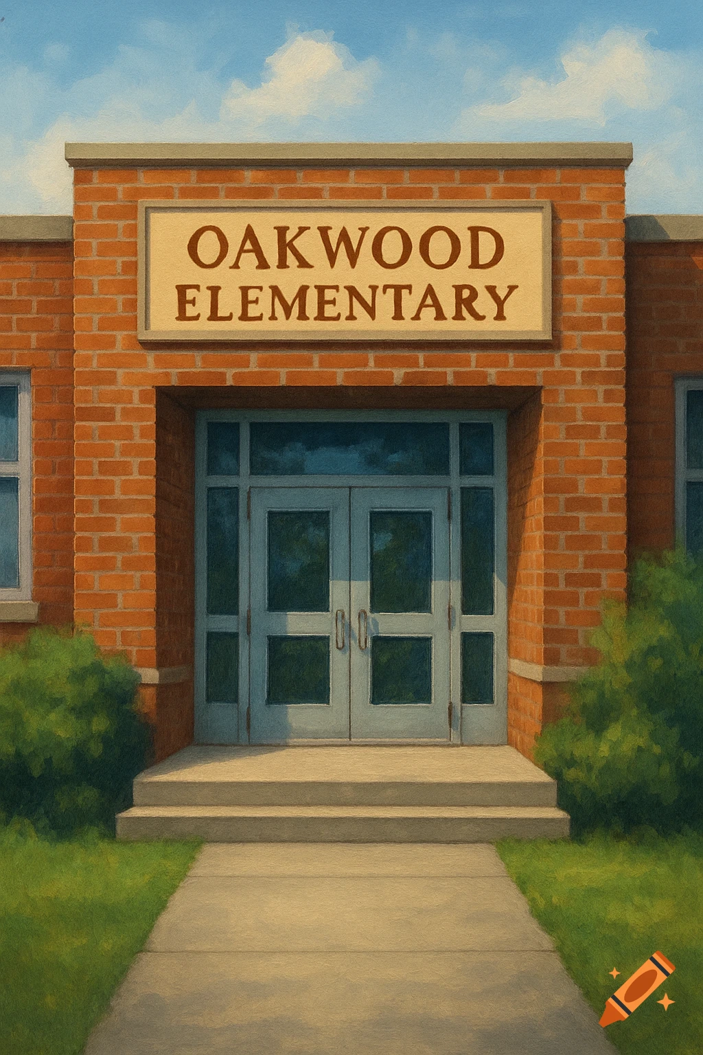 A painted view of a brick school entrance with a sign reading "Oakwood Elementary".