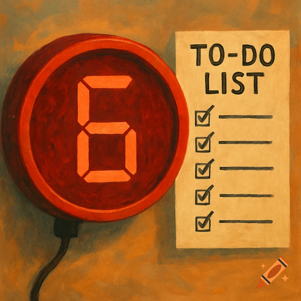 A red circular countdown clock showing the number 6 next to a to-do list with items checked off.