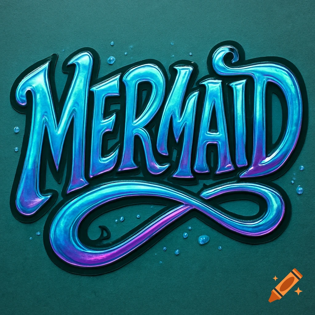 Shiny metallic blue and purple typography spelling 'MERMAID' with water droplets on a dark background.