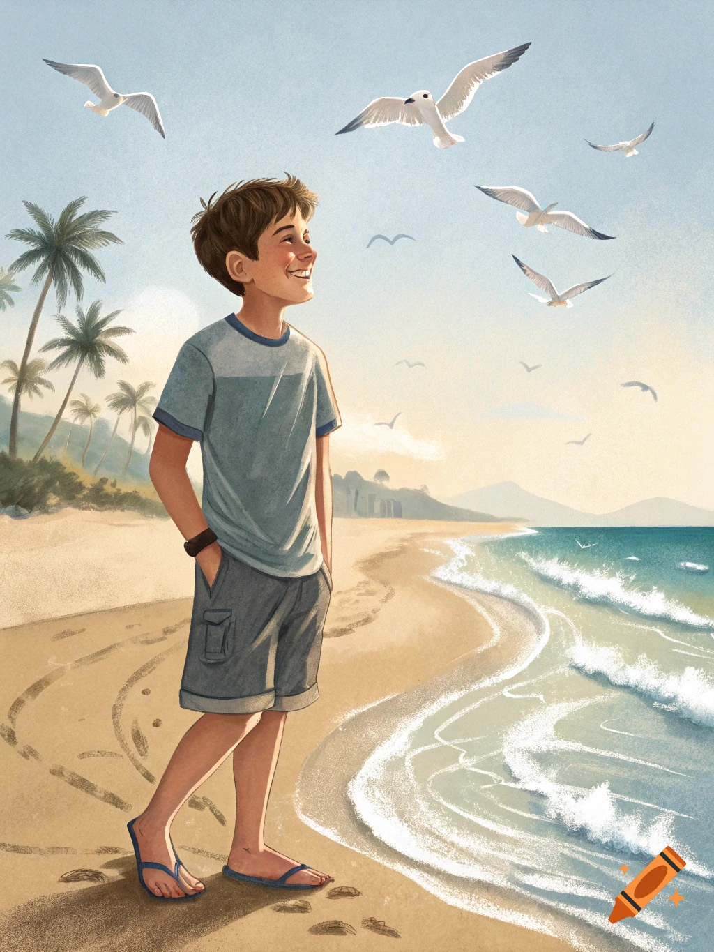 An illustration of a boy standing on a beach, looking up at seagulls flying above.