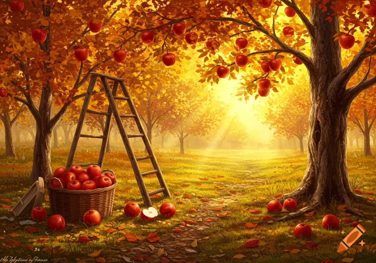 A painterly autumn scene of apple harvest with a ladder, a full basket, and fallen apples and leaves on the ground.