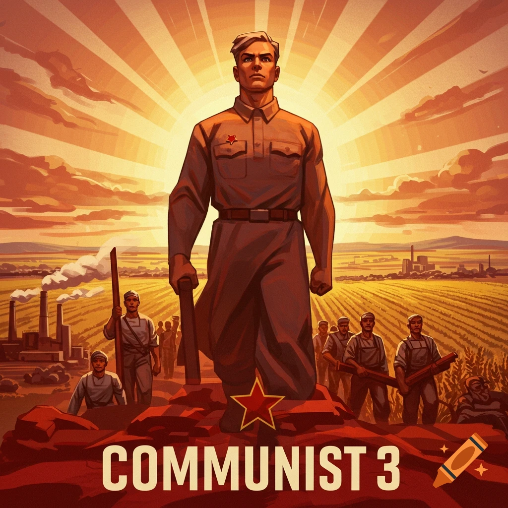 Propaganda illustration of a large figure in uniform standing above farmers and industry, with a sunrise and text 'COMMUNIST 3'.