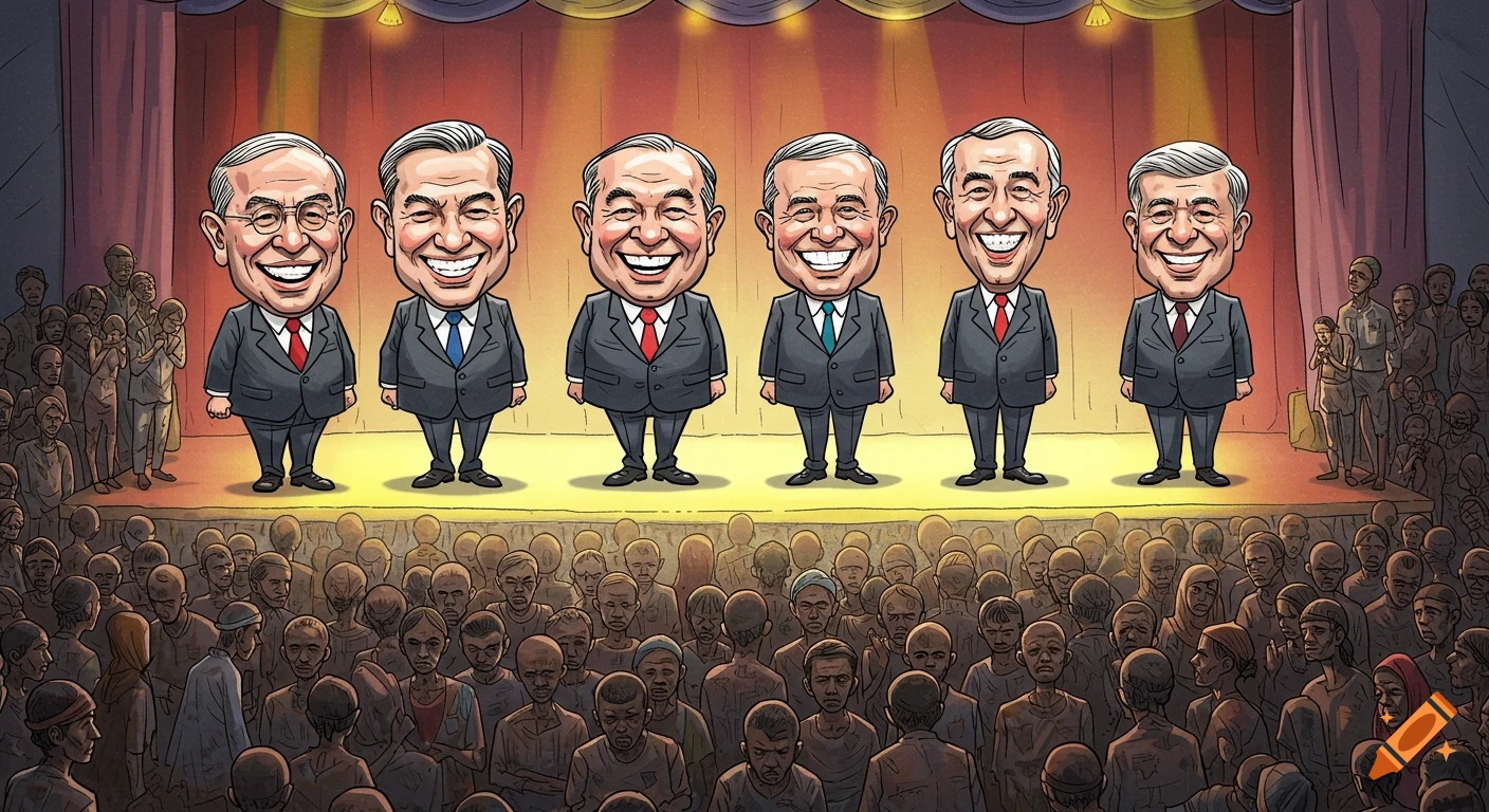 Political cartoon of big-headed politicians smiling on a stage in front of a crowd of poor, downtrodden people.