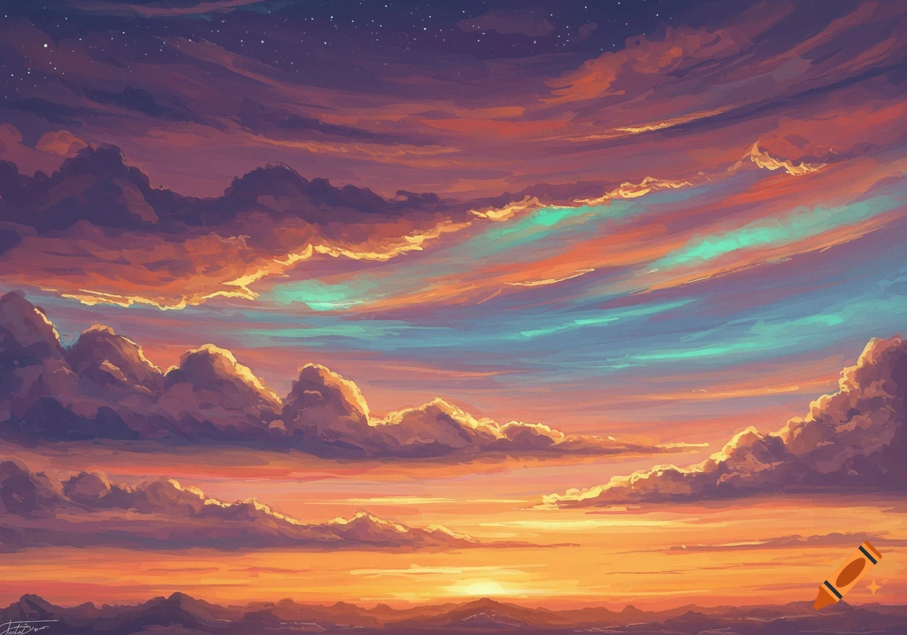 Stylized painting of a vibrant sunset sky with colorful clouds over mountains.