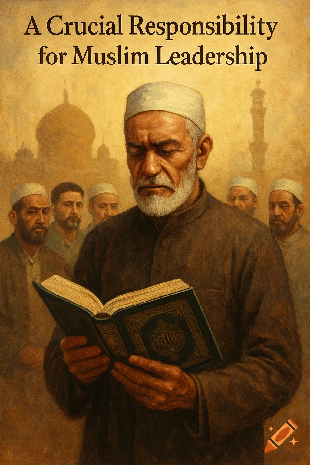 A painting of an elderly man in Muslim attire reading a book, with other men and mosque structures in the background.