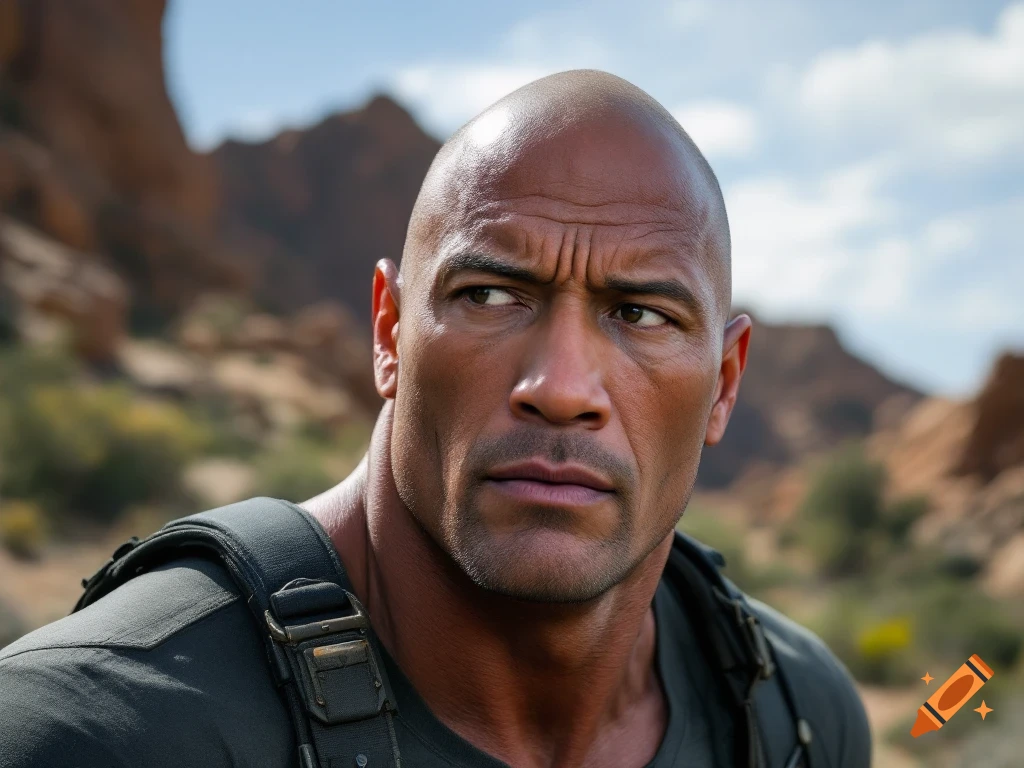 Close-up portrait of Dwayne The Rock Johnson outdoors.
