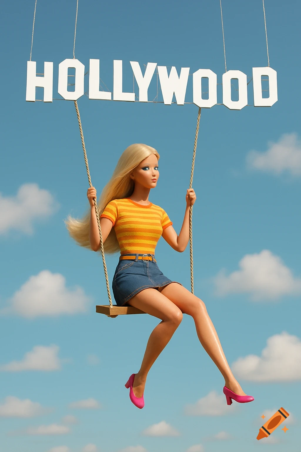 A 1970s-style Barbie doll swings from the Hollywood sign under a blue sky.
