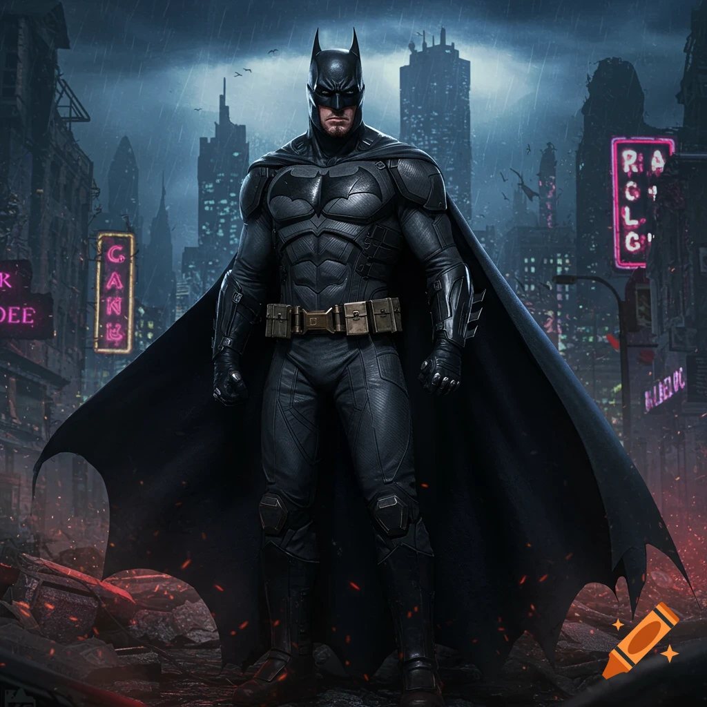 Batman stands in a dark, rainy city street