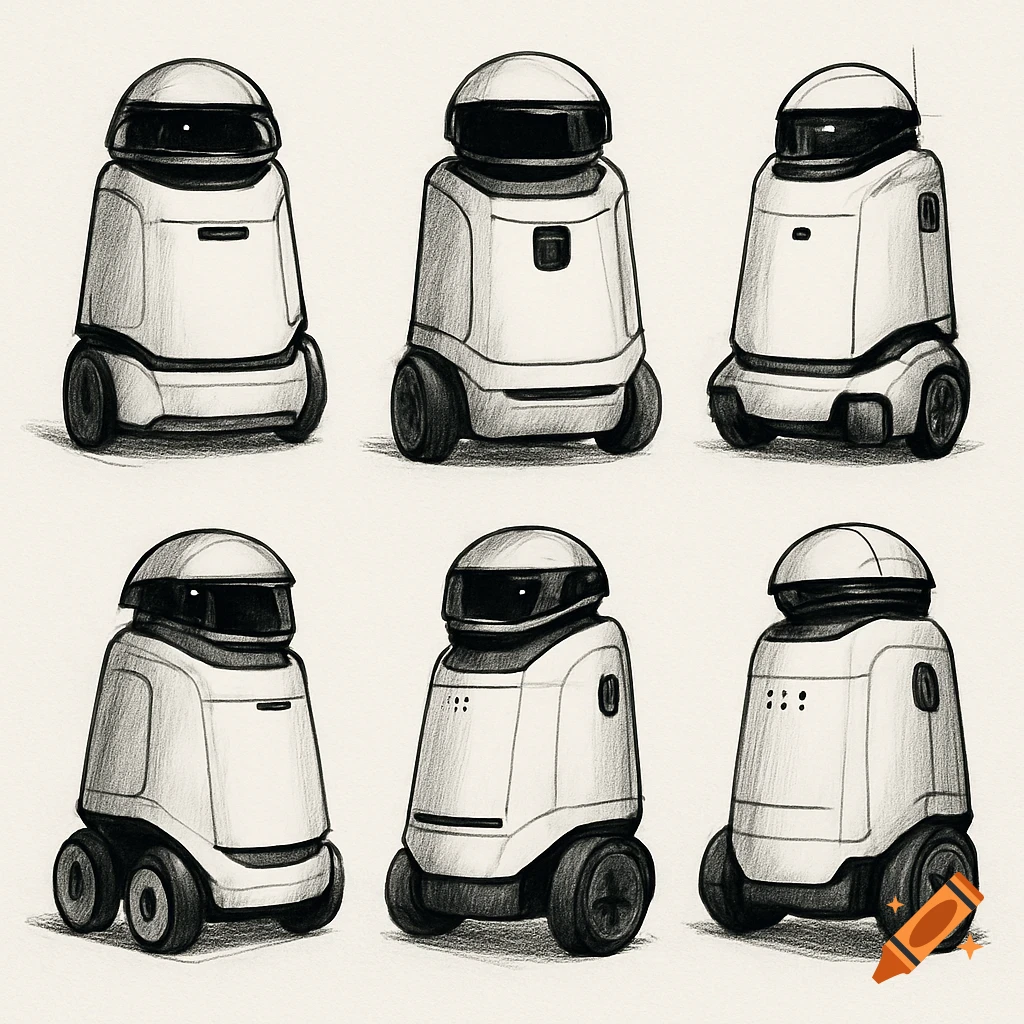 Pencil sketches of six different autonomous security robot designs.