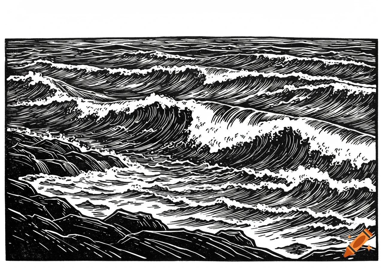Black and white illustration of waves crashing on rocks.