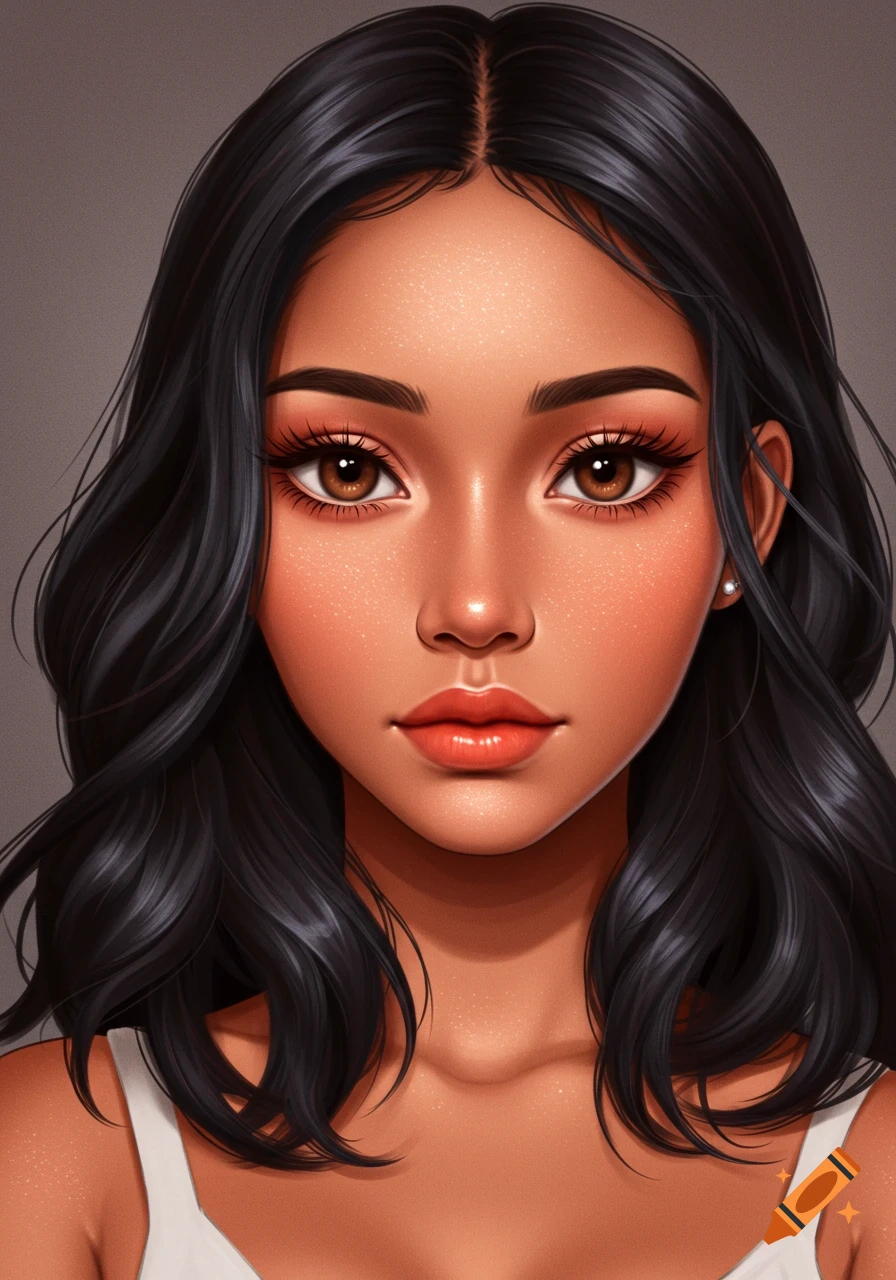 Stylized portrait of a young woman with dark hair and brown eyes in an ...