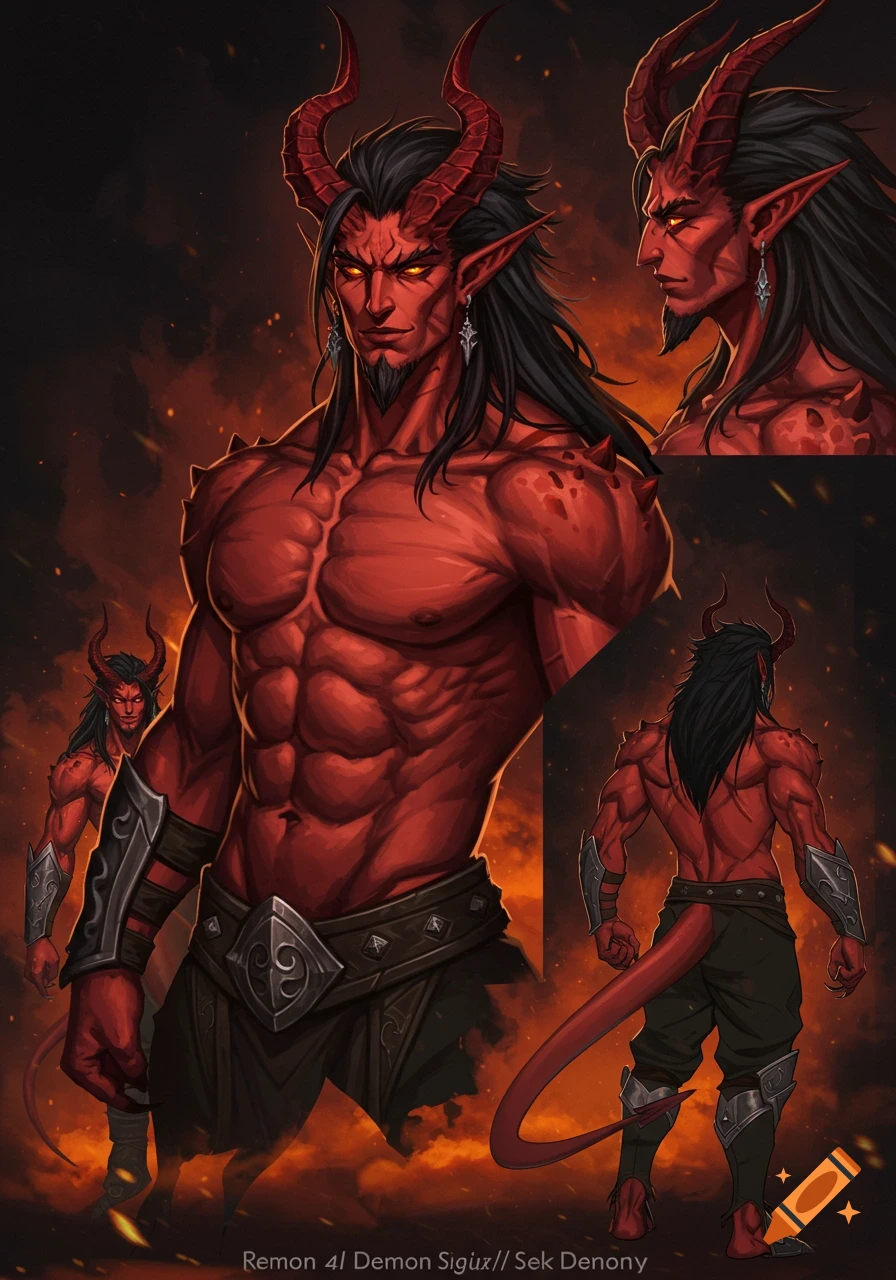Character reference sheet of a muscular male demon with red skin, horns, and tail, shown from front, back, and close-up.