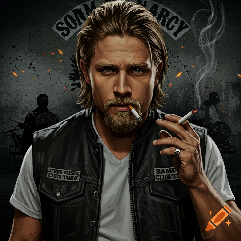 Stylized portrait of a man resembling Jax Teller from Sons of Anarchy, smoking two cigarettes.