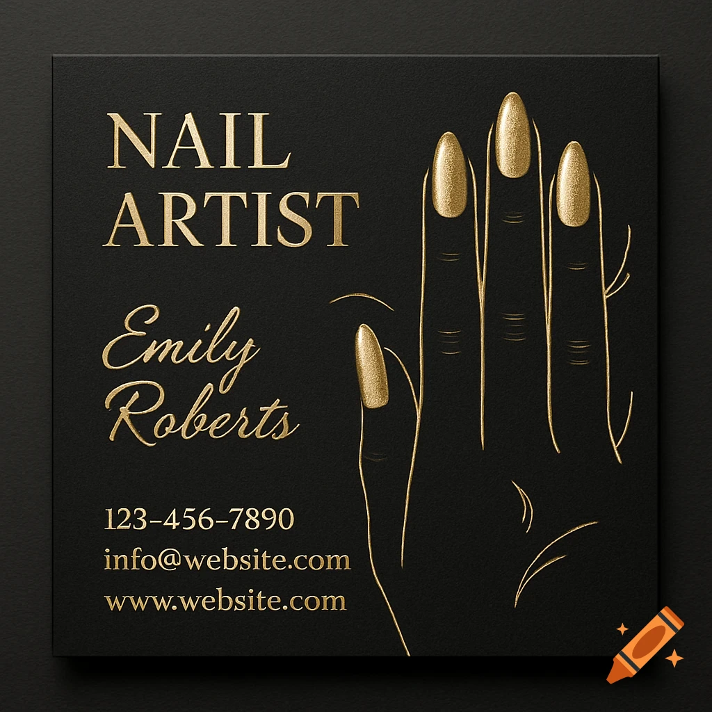 Luxury black business card with gold text and gold line art of a hand with long nails. Text includes "Nail Artist", a name, phone number, email, and website.