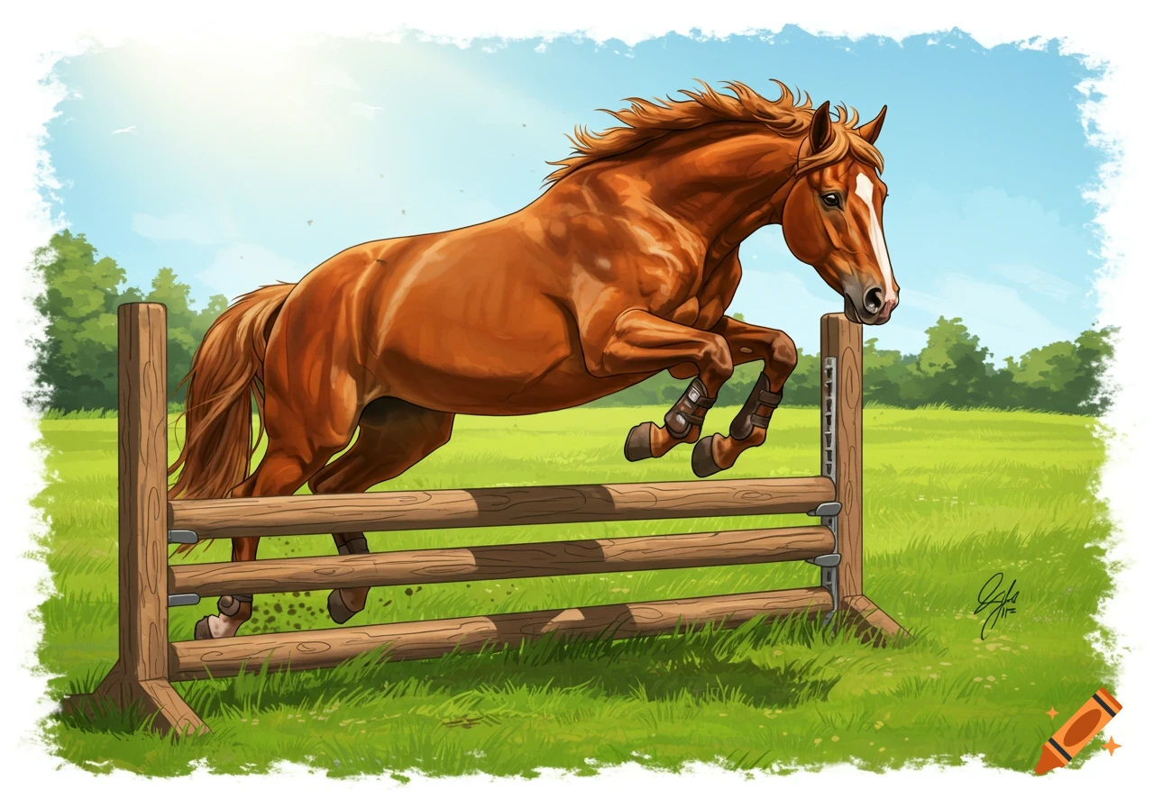 Brown horse jumping a wooden fence in a grassy field, stylized illustration.