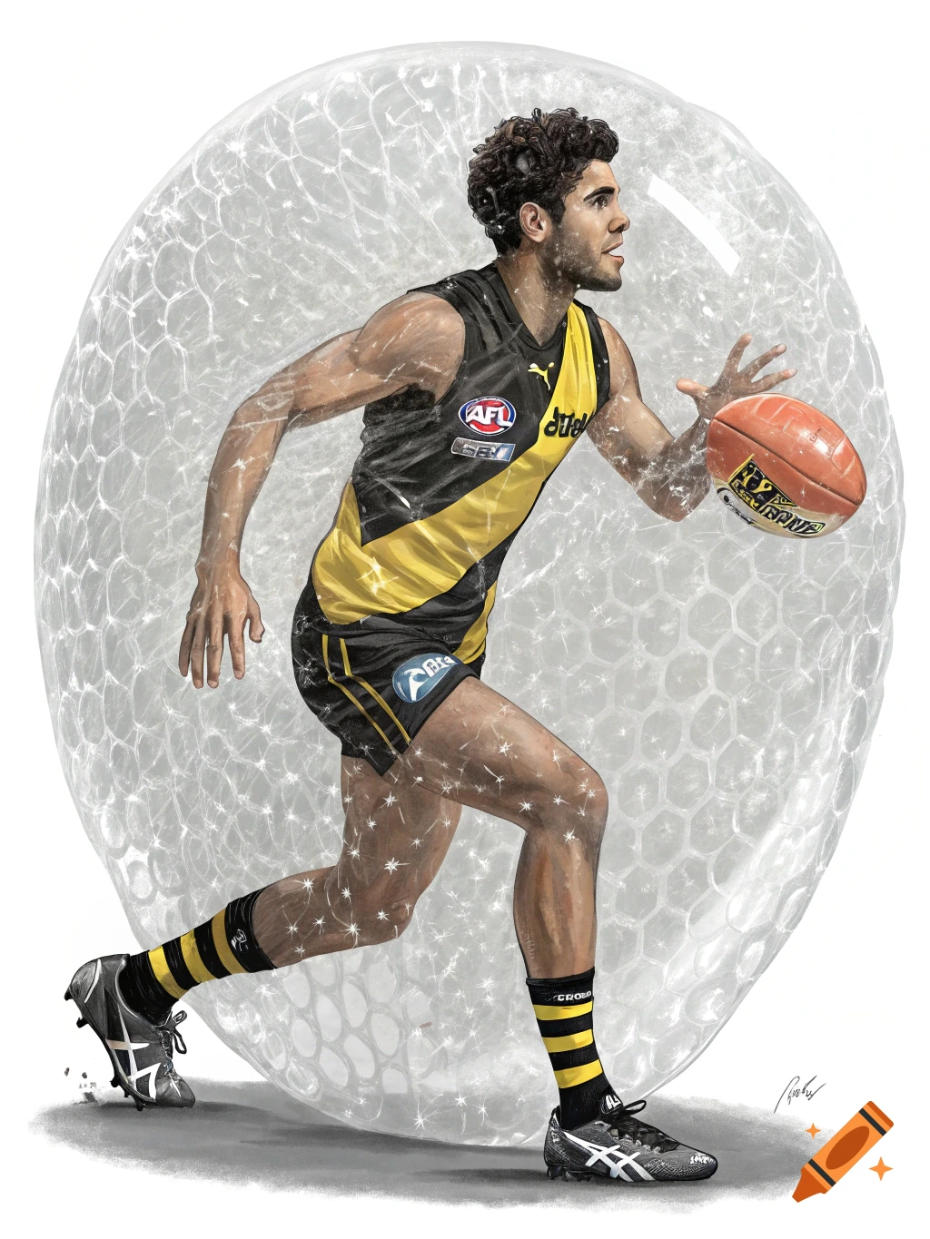 Illustrative portrait of an Australian Rules Football player running with the ball inside a bubble wrap sphere.
