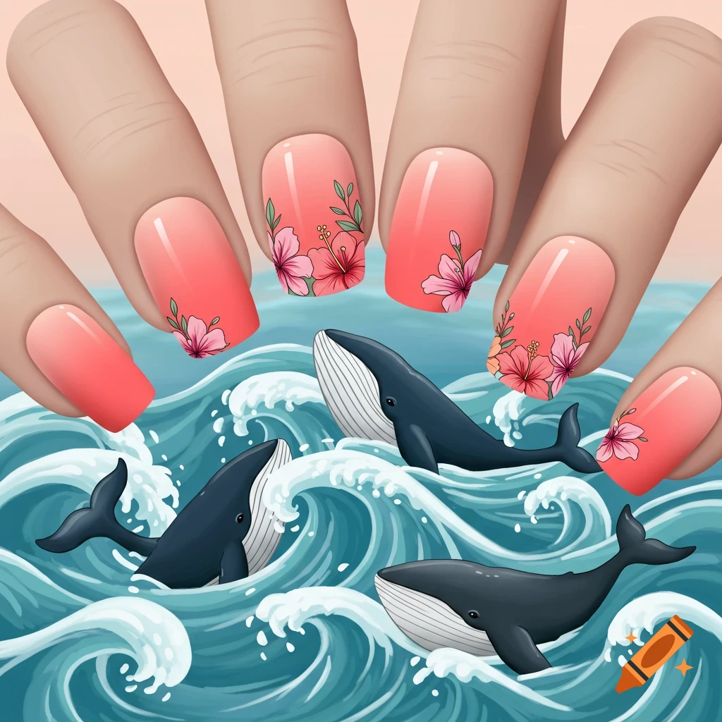 Close-up of fingers with pink gradient nails decorated with flowers and whales swimming in ocean waves.