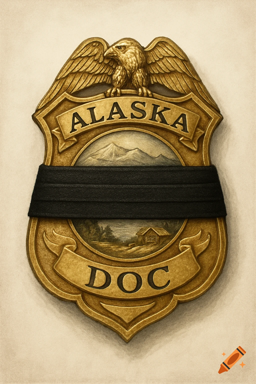 Illustration of a golden badge with an eagle, text 'ALASKA' and 'DOC', a landscape scene, and a black mourning band.
