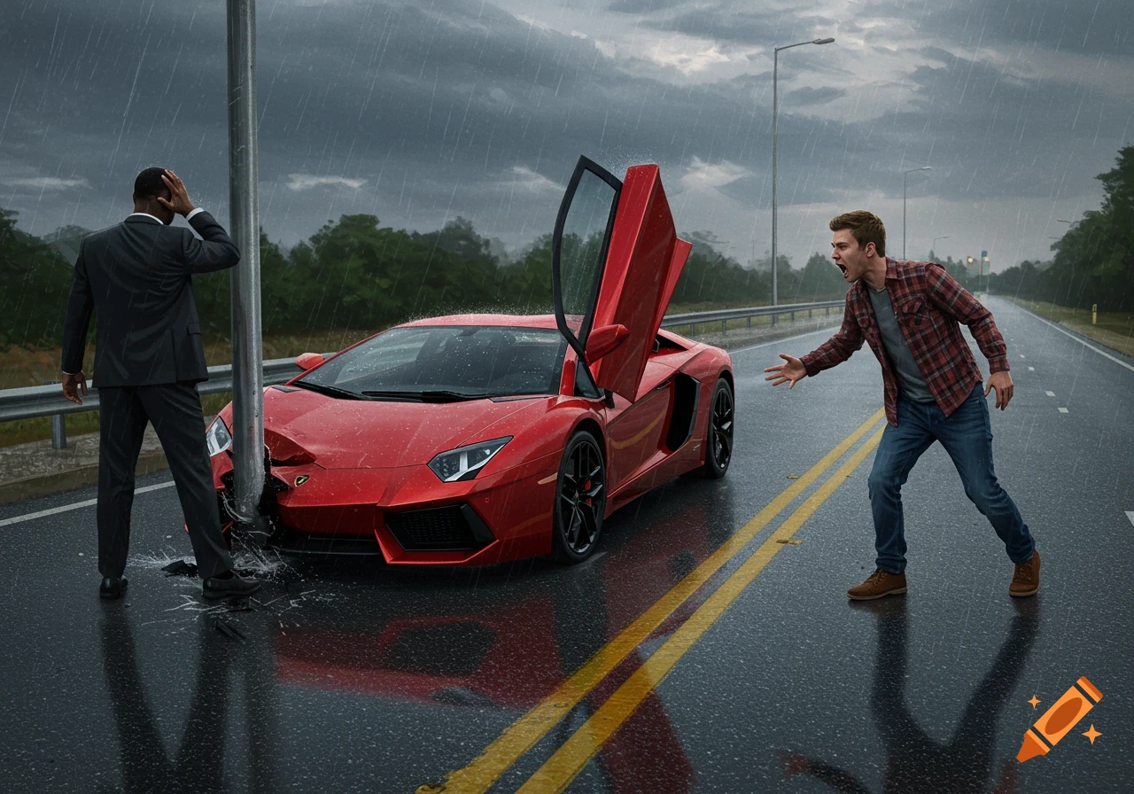 A red Lamborghini crashed into a pole on a rainy road, two men reacting in shock and anger.