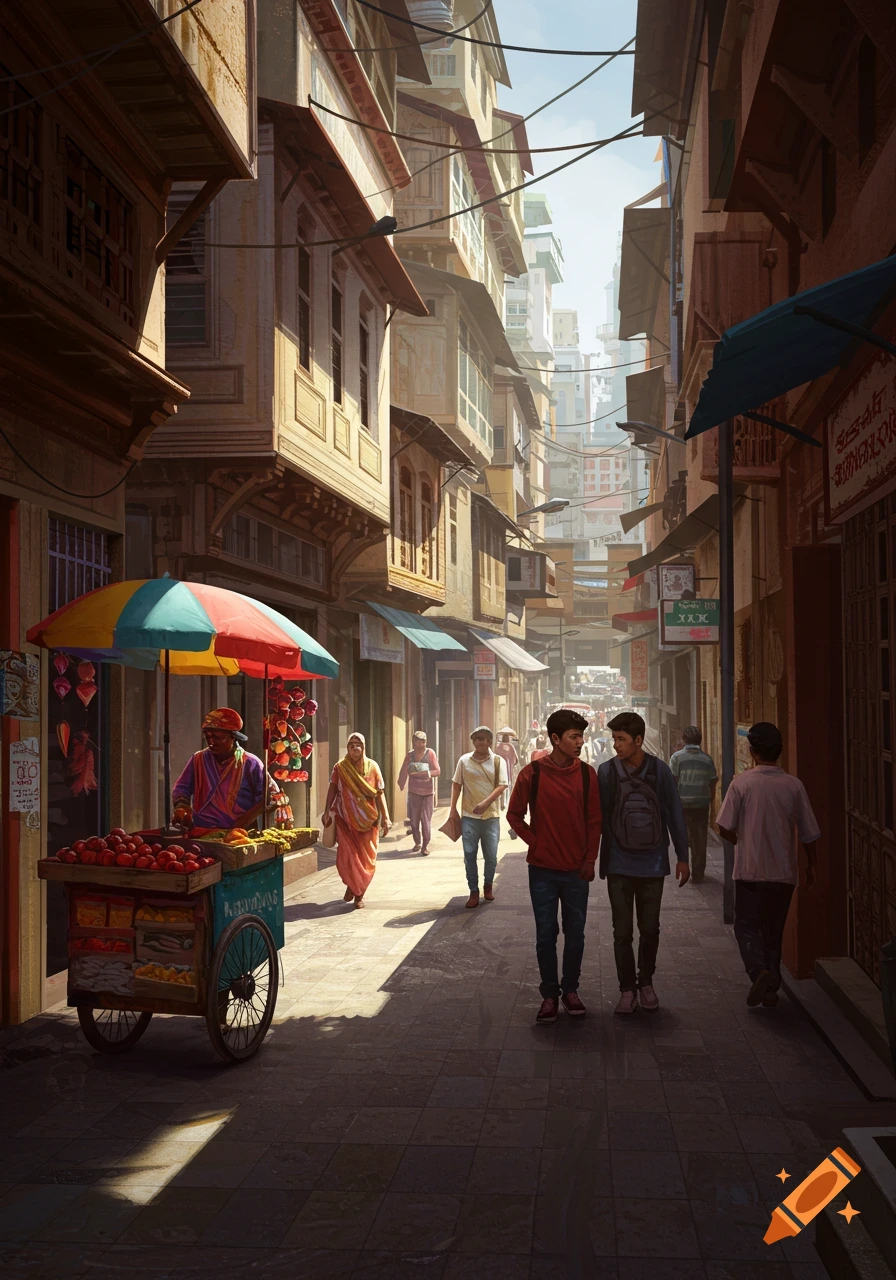 Vibrant street scene illustration with market stall, people walking, and tall buildings.