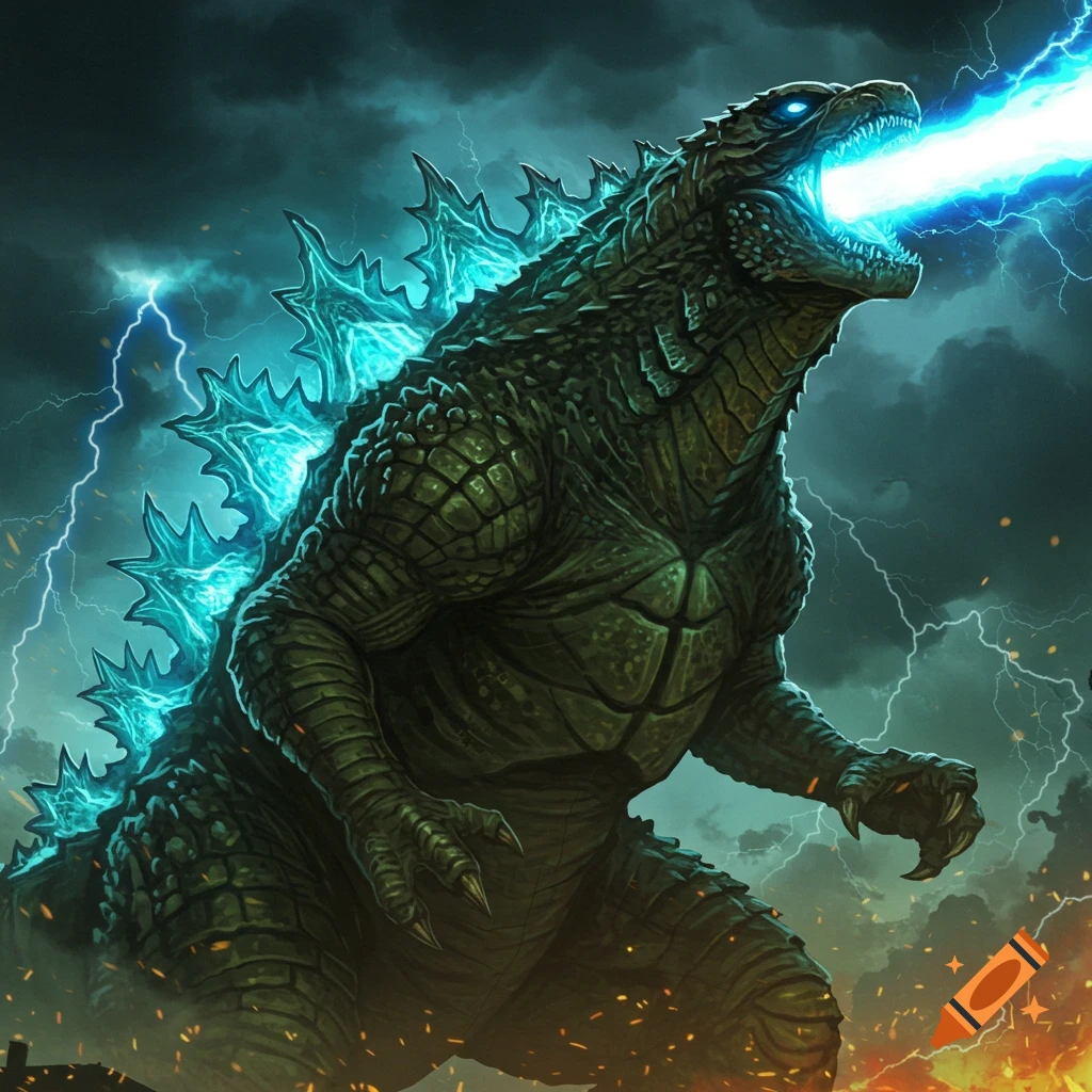 Godzilla roaring with blue atomic breath amidst a stormy sky with lightning.
