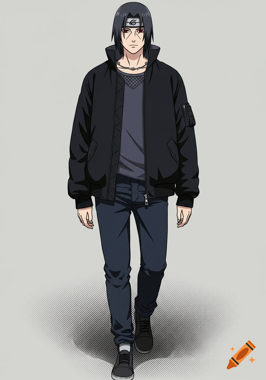 Anime character Itachi from Naruto walking in modern clothes