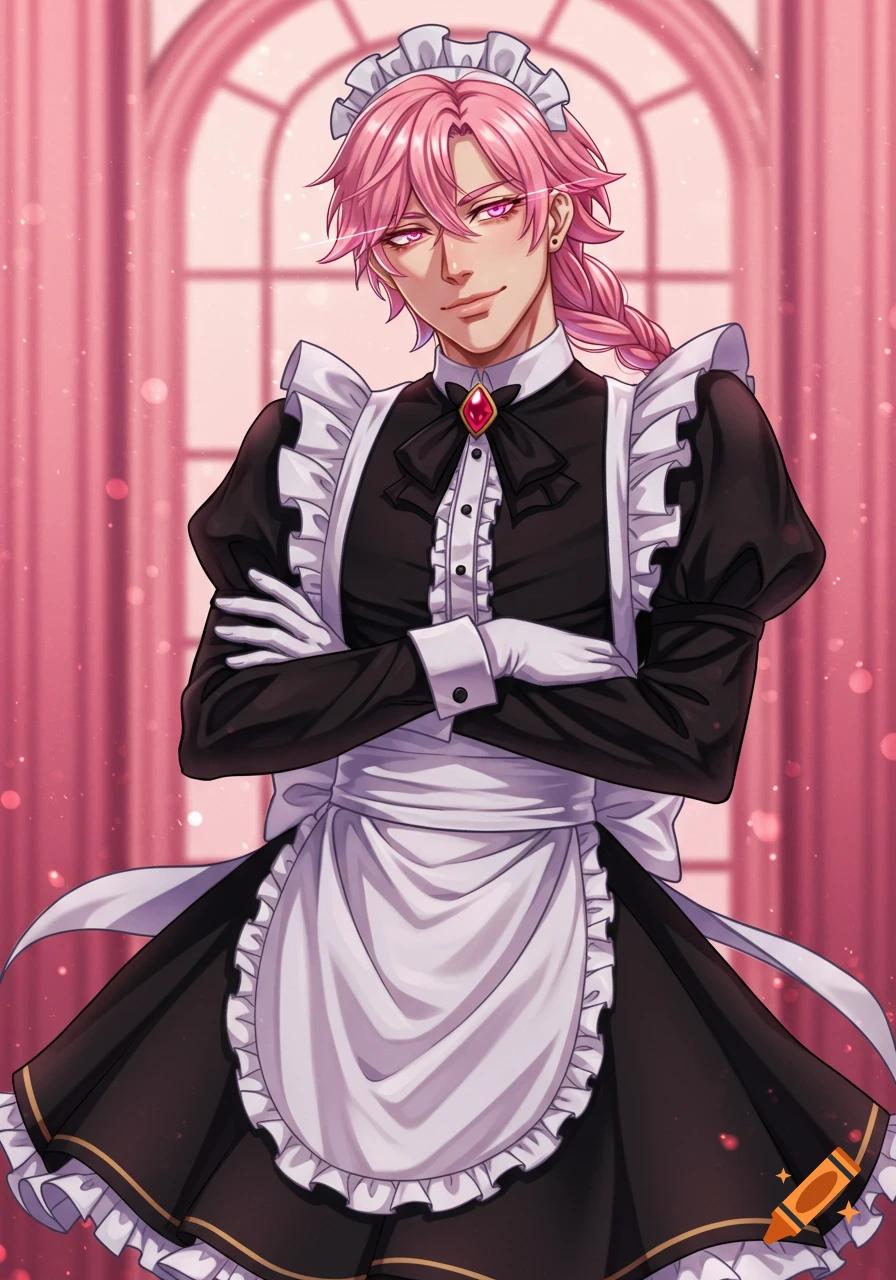 Anime style portrait of a man with pink hair in a maid dress, arms crossed.