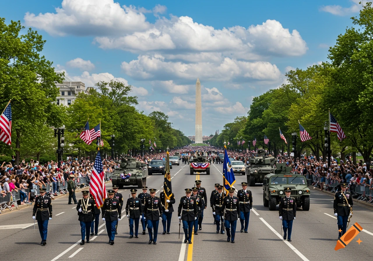 Military parade with soldiers, tanks, and crowds on a street leading to the Washington Monument.