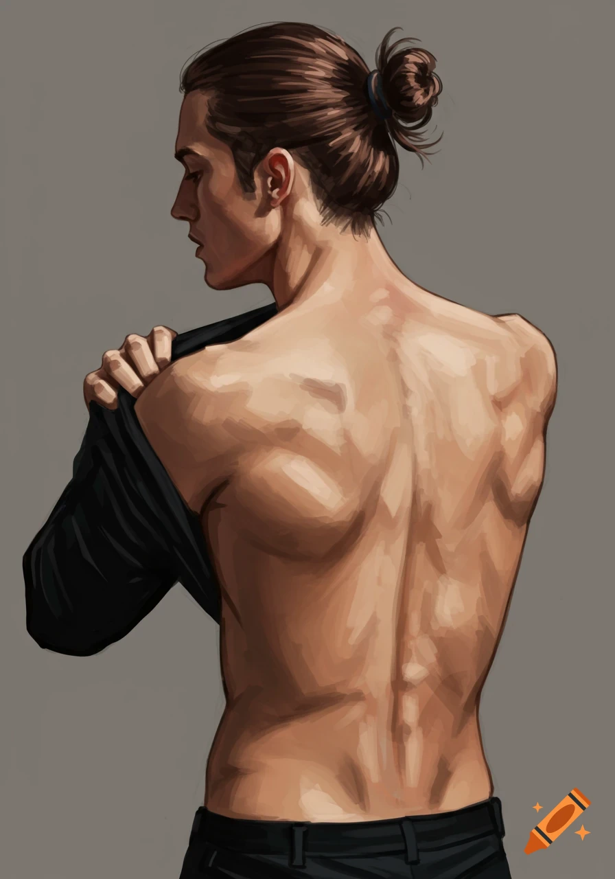 Painted image of a man with hair in a bun seen from the back, taking off a black shirt to show his muscular back.
