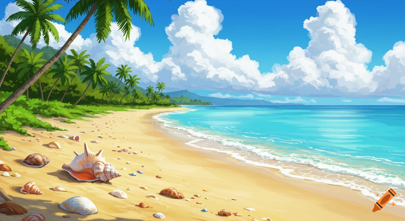 Sunny tropical beach illustration with palm trees, ocean, and shells in the sand.