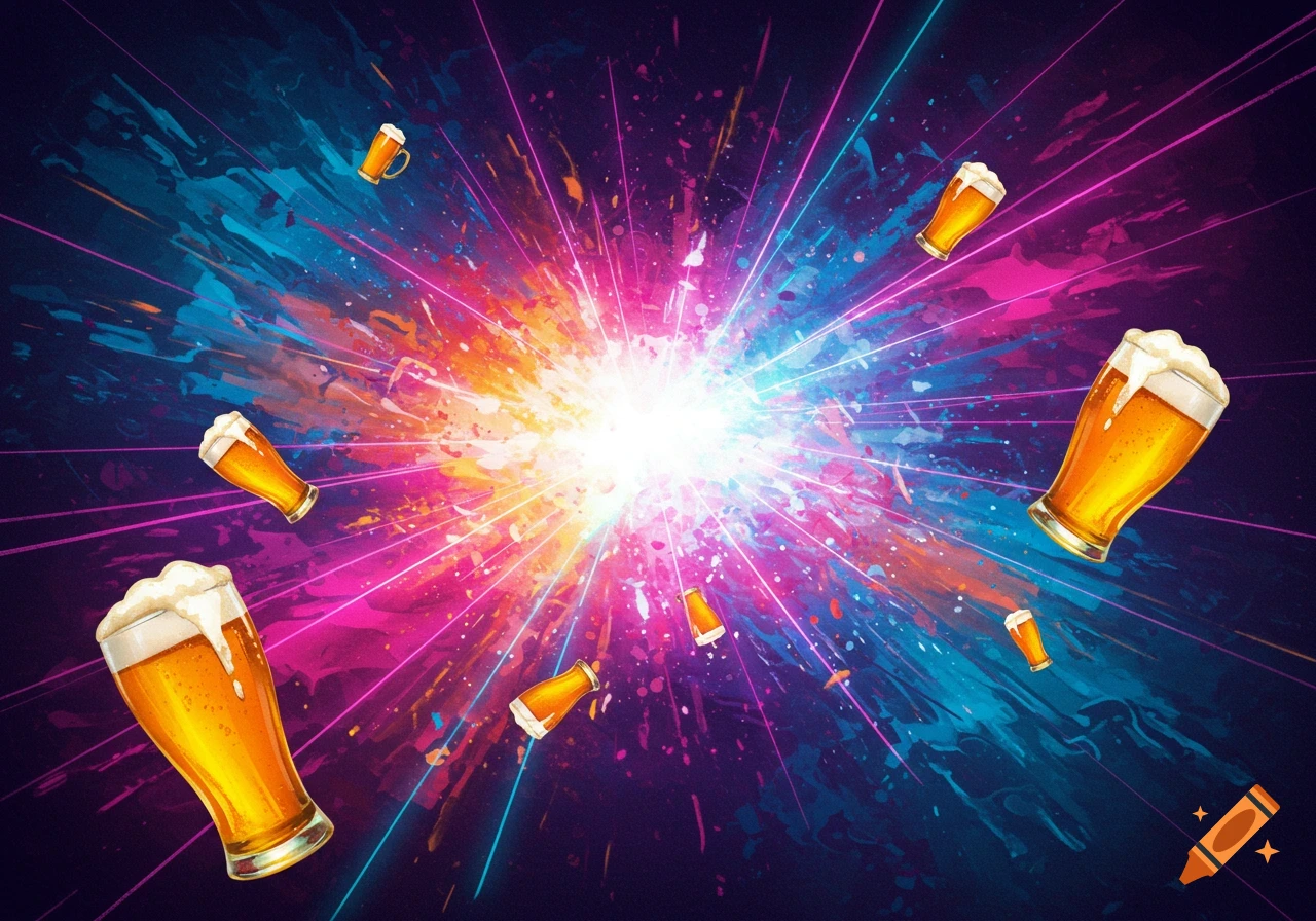 Glasses of beer flying from a bright colorful explosion