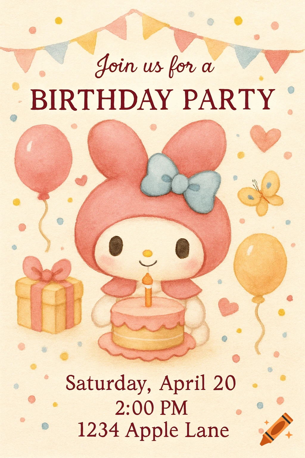 Watercolor illustration of My Melody holding a cake on a birthday invitation with balloons and text.