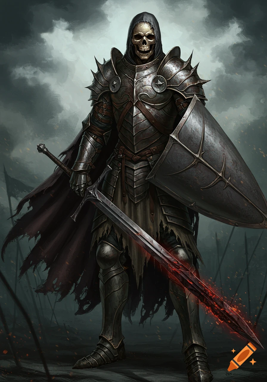 A skeletal knight in dark armor holds a glowing sword and shield on a cloudy battlefield. Fantasy art.