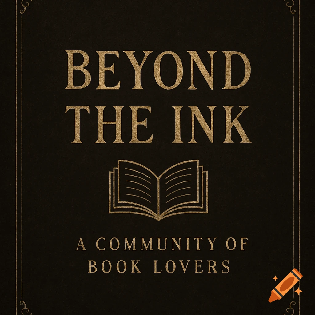 Gold text on a dark background reading "Beyond the Ink" with an open book icon and "A Community of Book Lovers", in a dark academia style.
