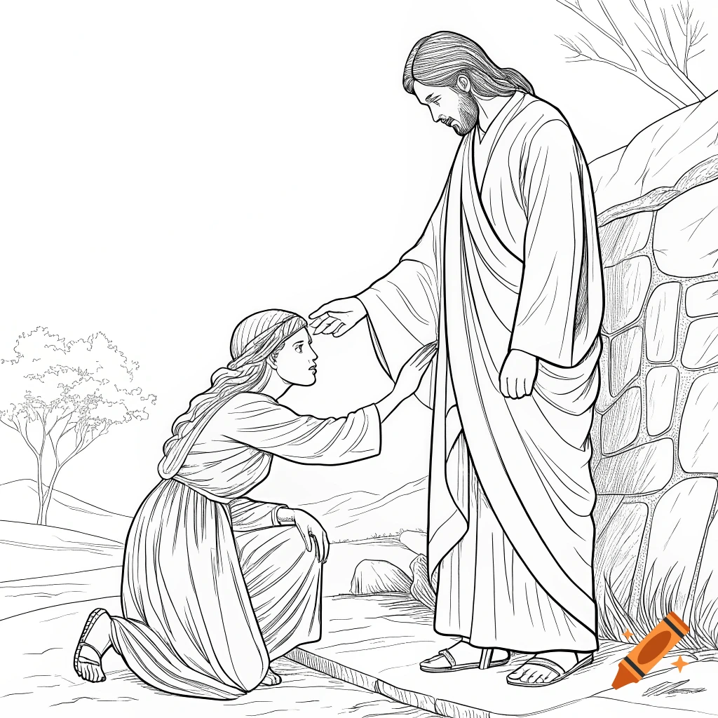 Line drawing of a woman kneeling and touching the hem of Jesus' robe.