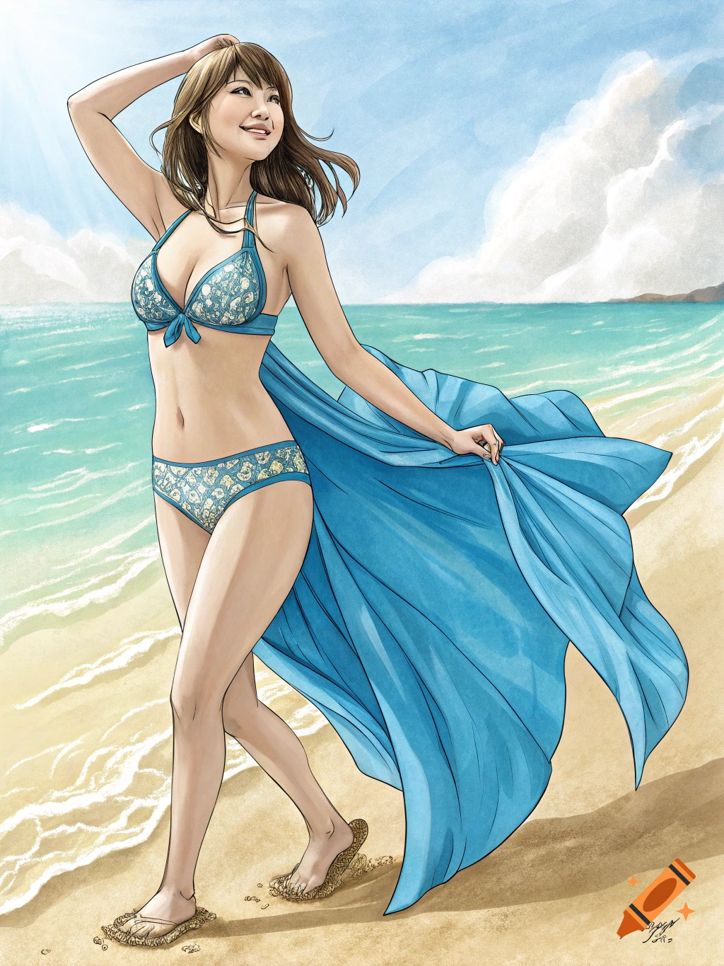 Illustration of a woman in a bikini walking on a beach, holding a blue cloth.