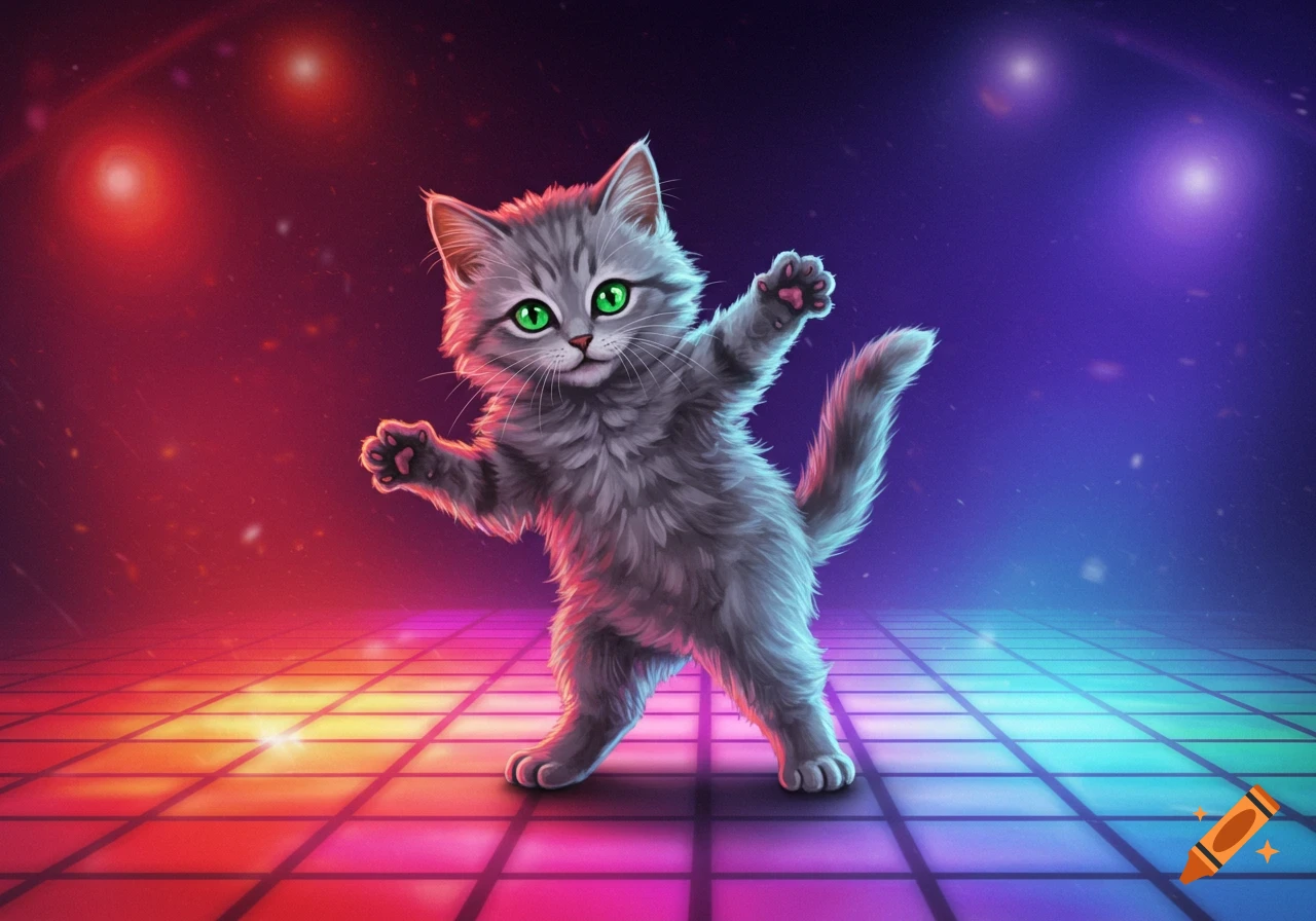 A fluffy grey kitten with bright green eyes dances on a colorful disco tile floor.