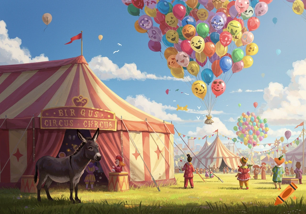 A donkey stands in front of a circus tent with a large cluster of balloons with faces floating above.
