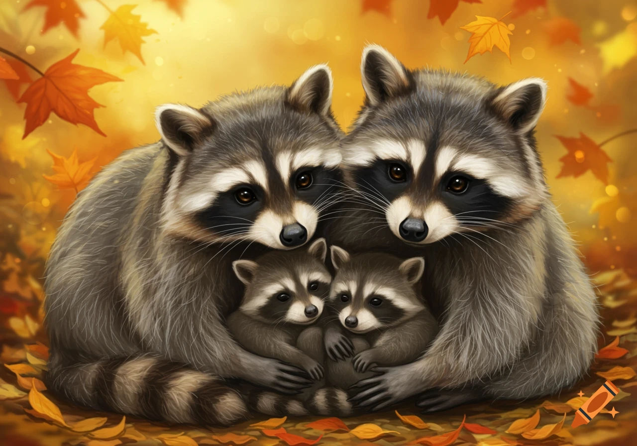 Two adult raccoons cuddle two baby raccoons among autumn leaves.